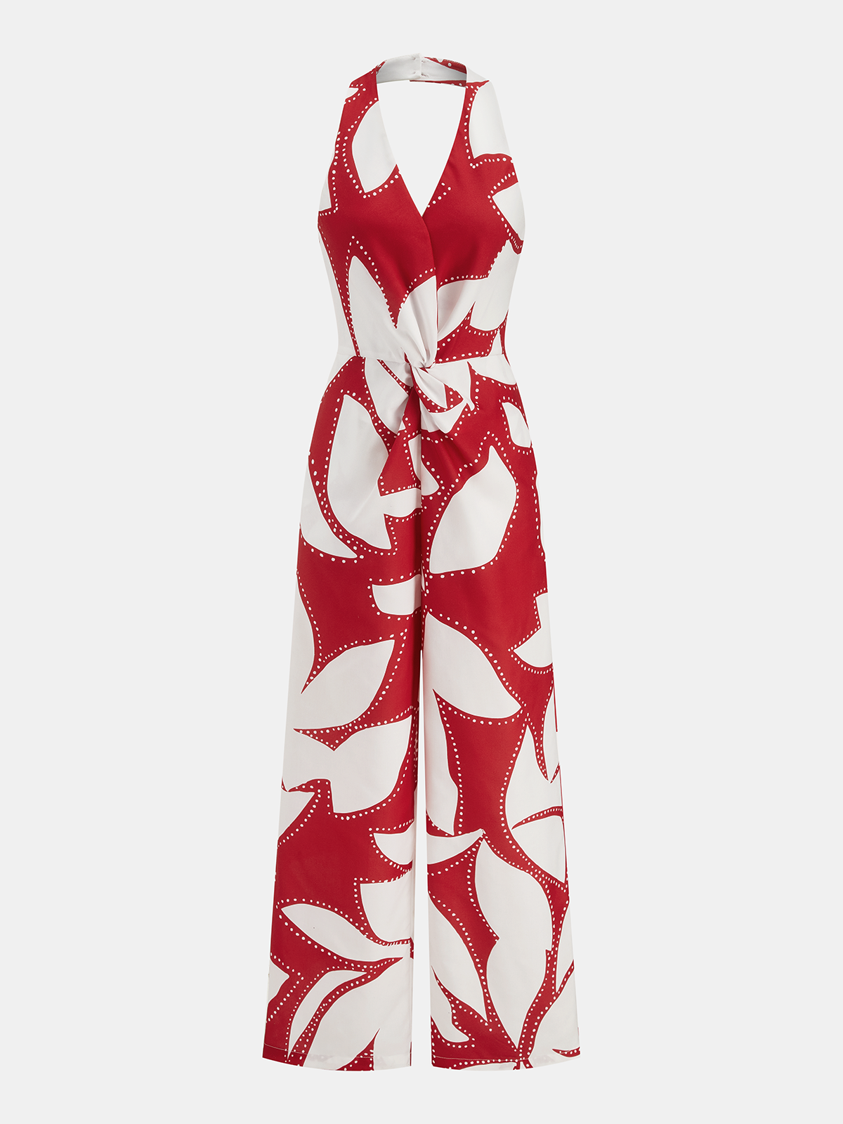 Jumpsuit mit abstraktem Blattdruck, Neckholder und Twist-Detail