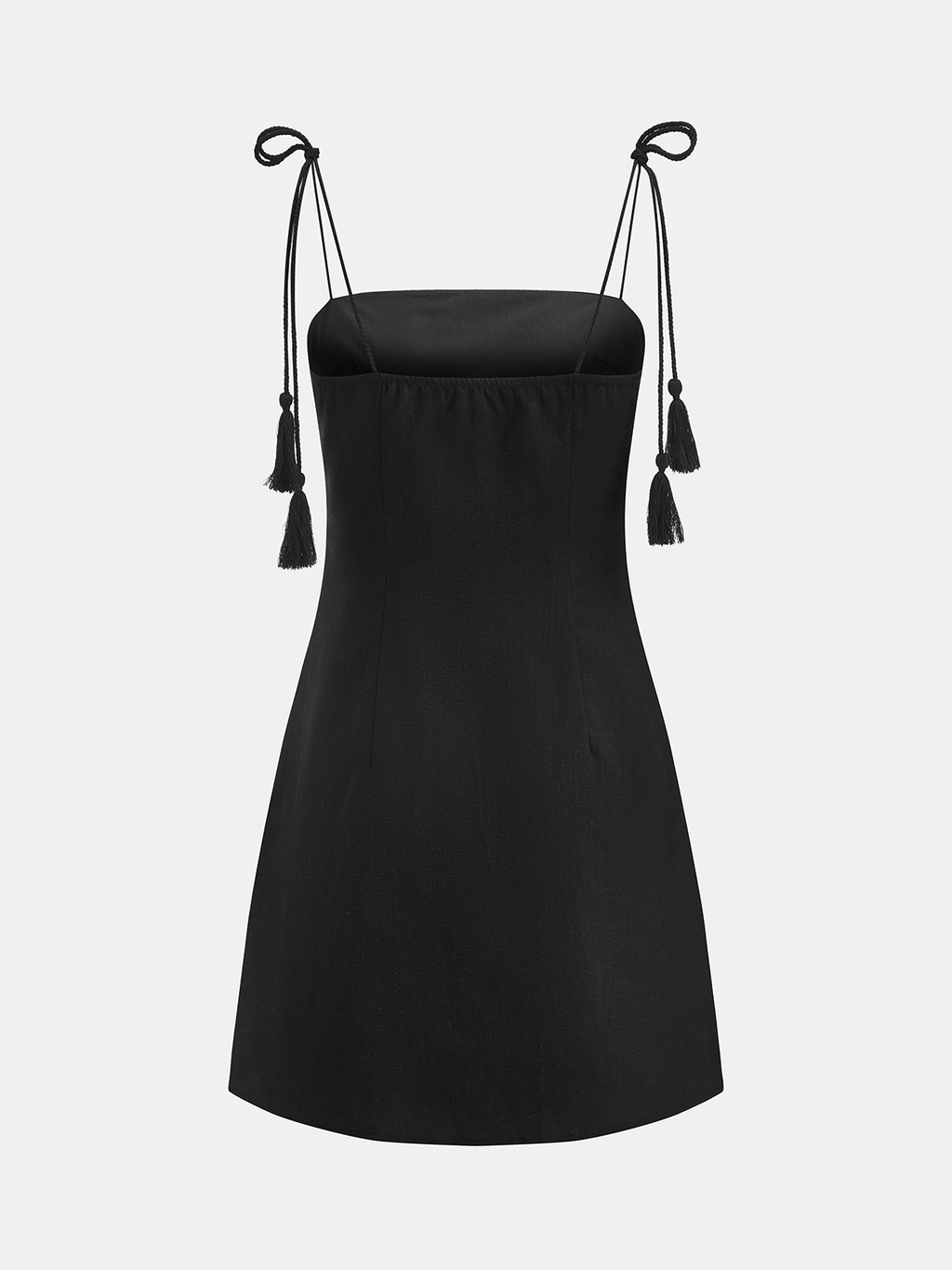 Robe Courte en Mélange de Lin Brodé avec Liens à Pompons