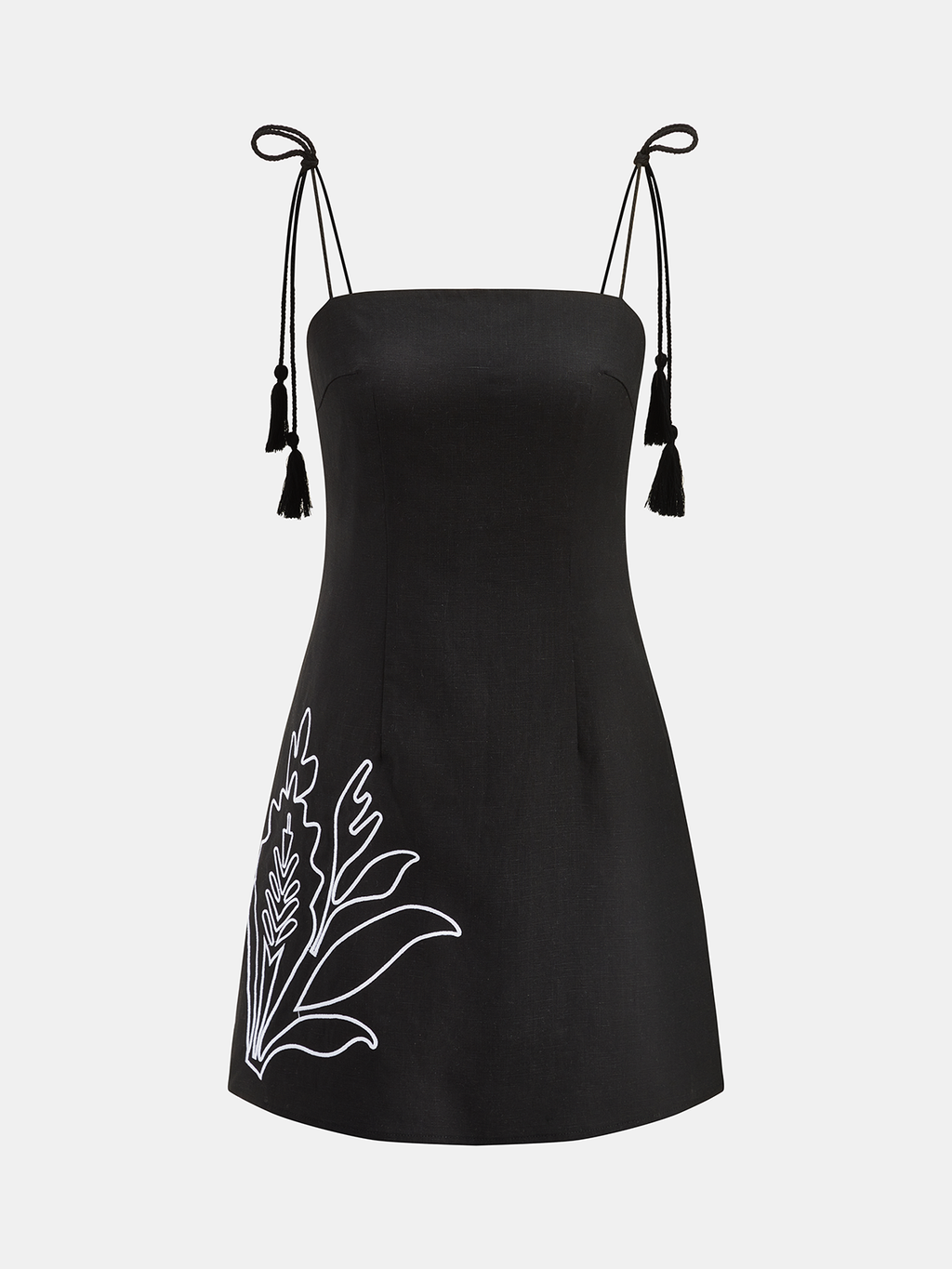 Robe Courte en Mélange de Lin Brodé avec Liens à Pompons