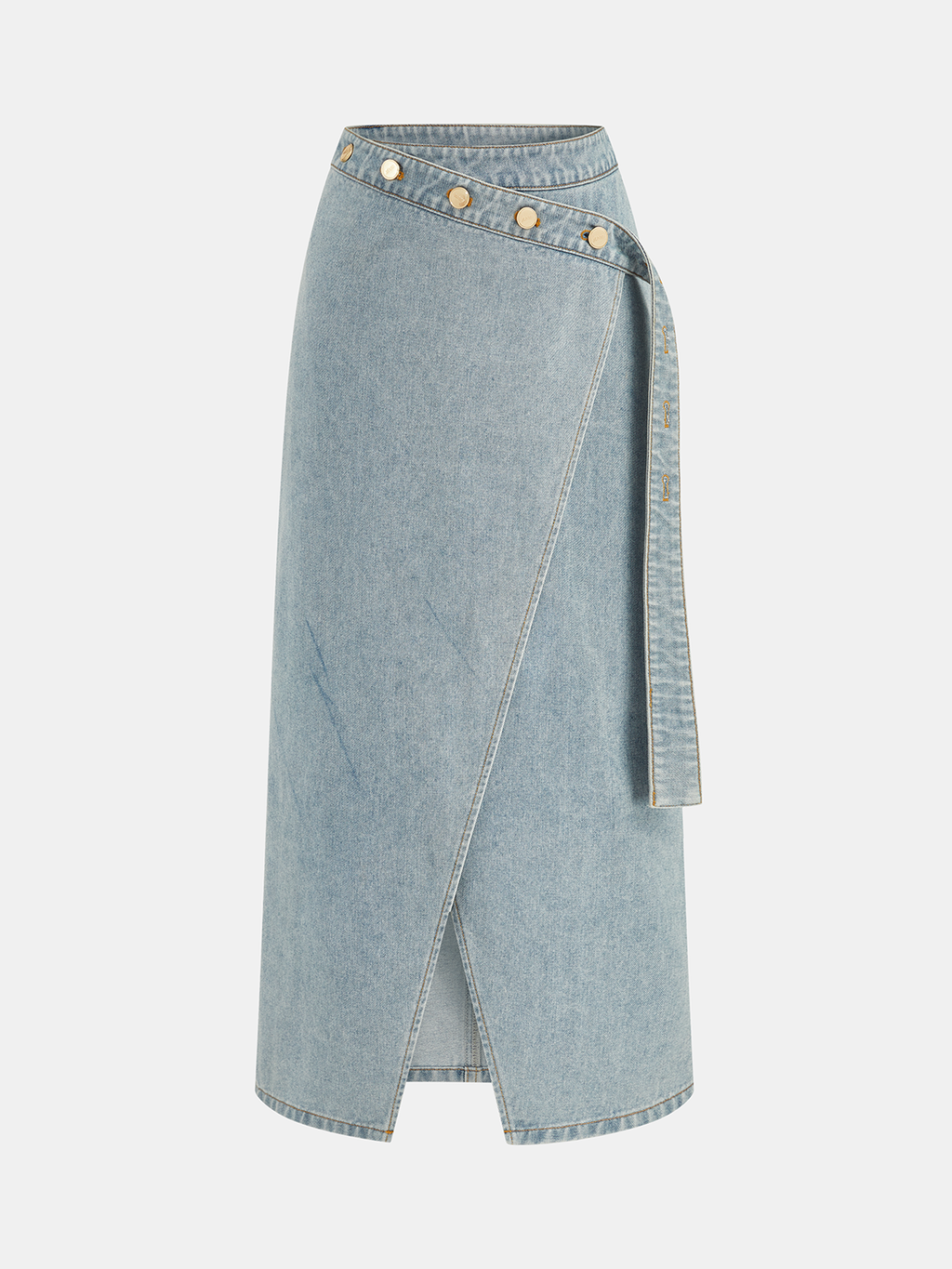 Jupe midi en jean asymétrique boutonnée portefeuille