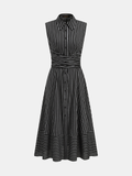 Striped Collared Sleeveless Tie Waist Midi Dress