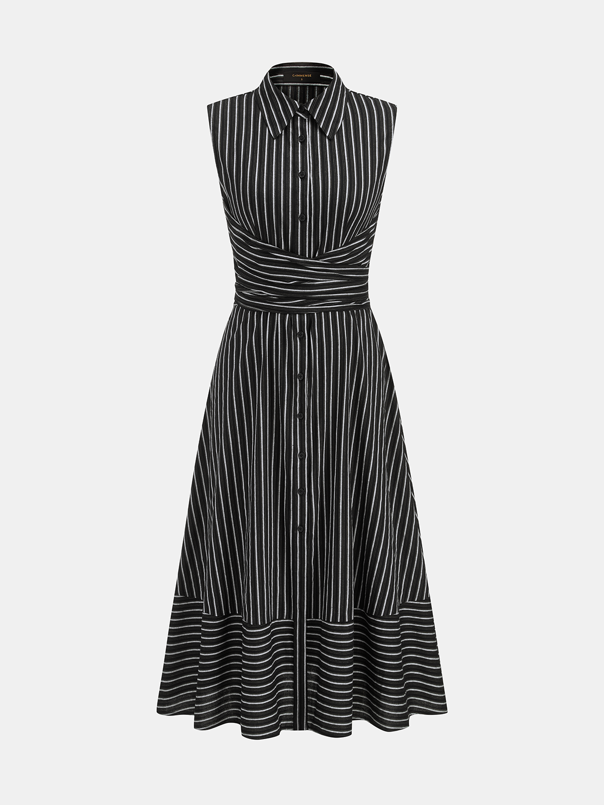 Robe midi sans manches rayée à col et ceinture à nouer