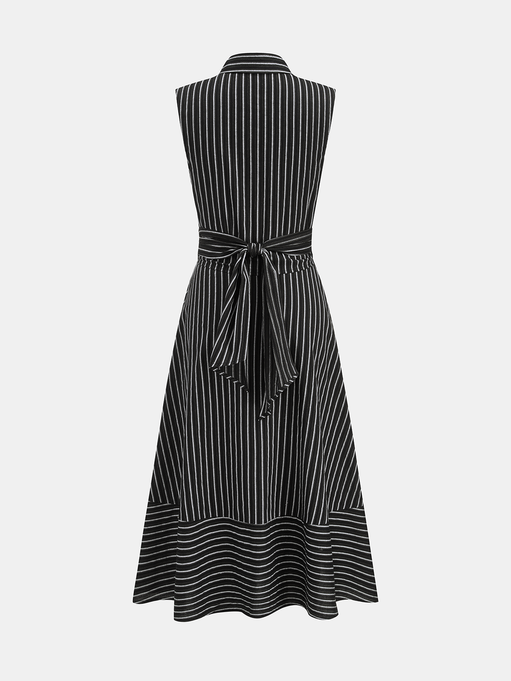 Robe midi sans manches rayée à col et ceinture à nouer