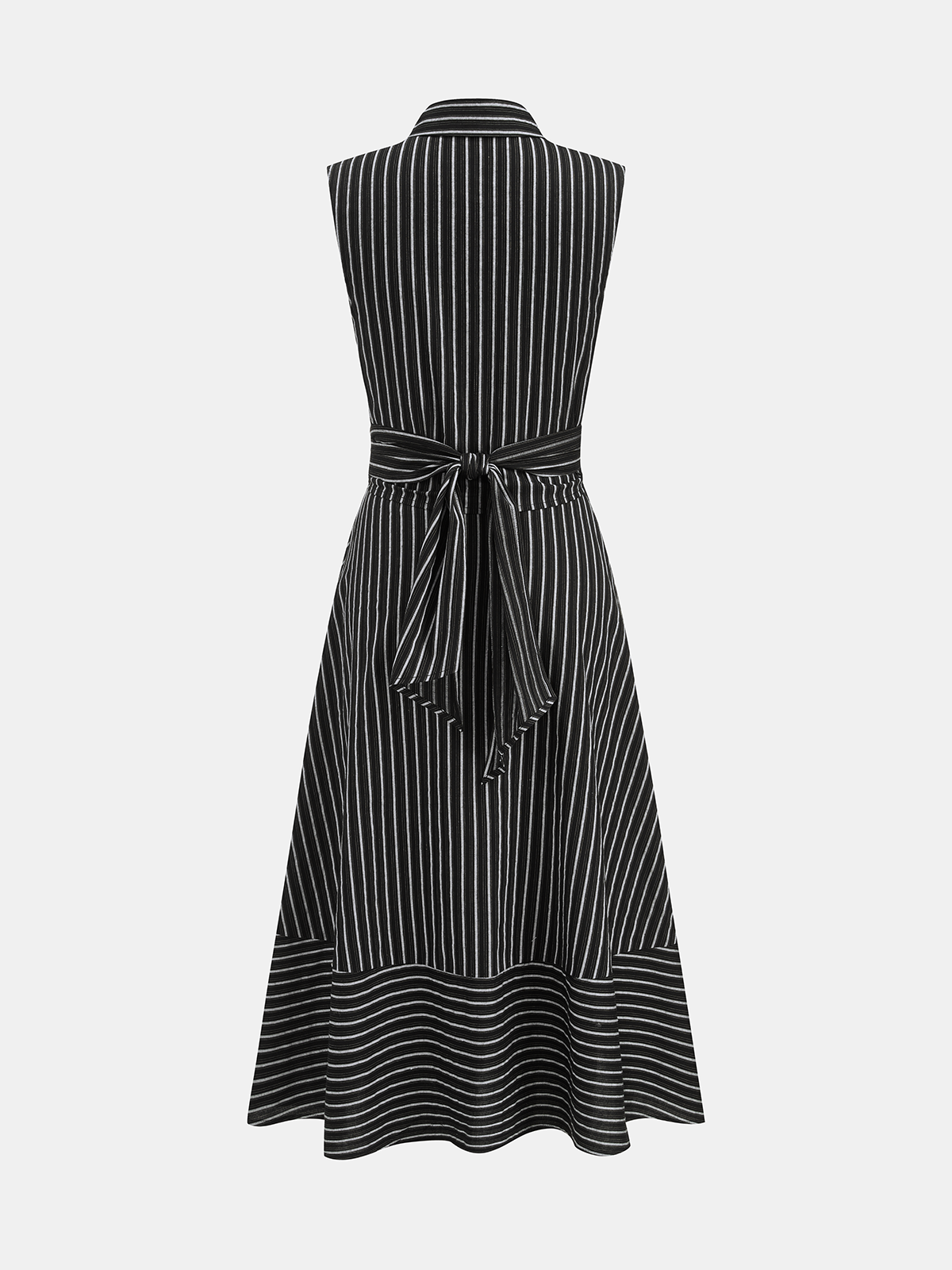 Robe midi sans manches rayée à col et ceinture à nouer