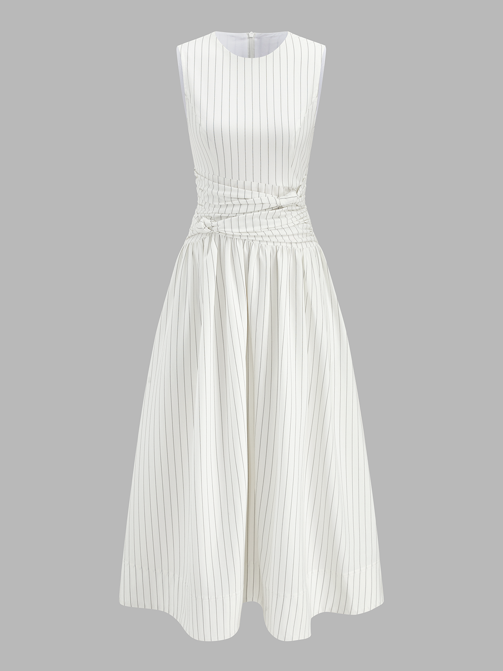 Robe longue froncée sans manches à rayures en mélange de coton