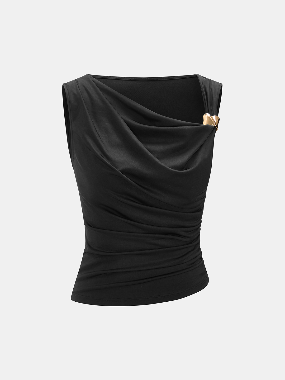 Satin-Neckholder-Top mit gerafftem Rollkragen und Metalldetail