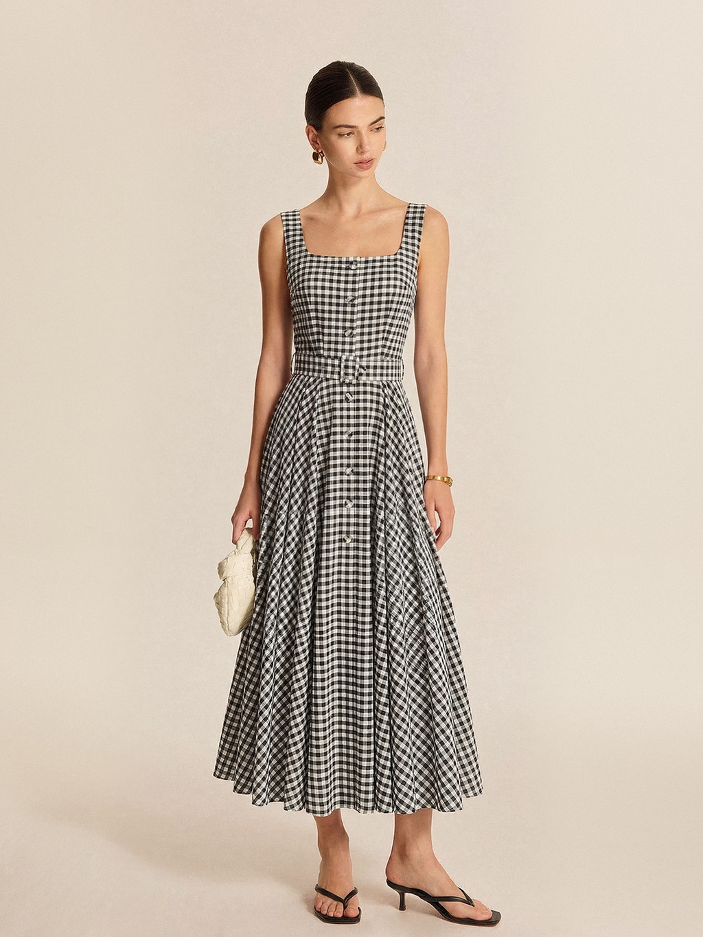 Robe longue sans manches en coton à carreaux vichy avec ceinture