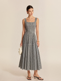 Robe longue sans manches en coton à carreaux vichy avec ceinture