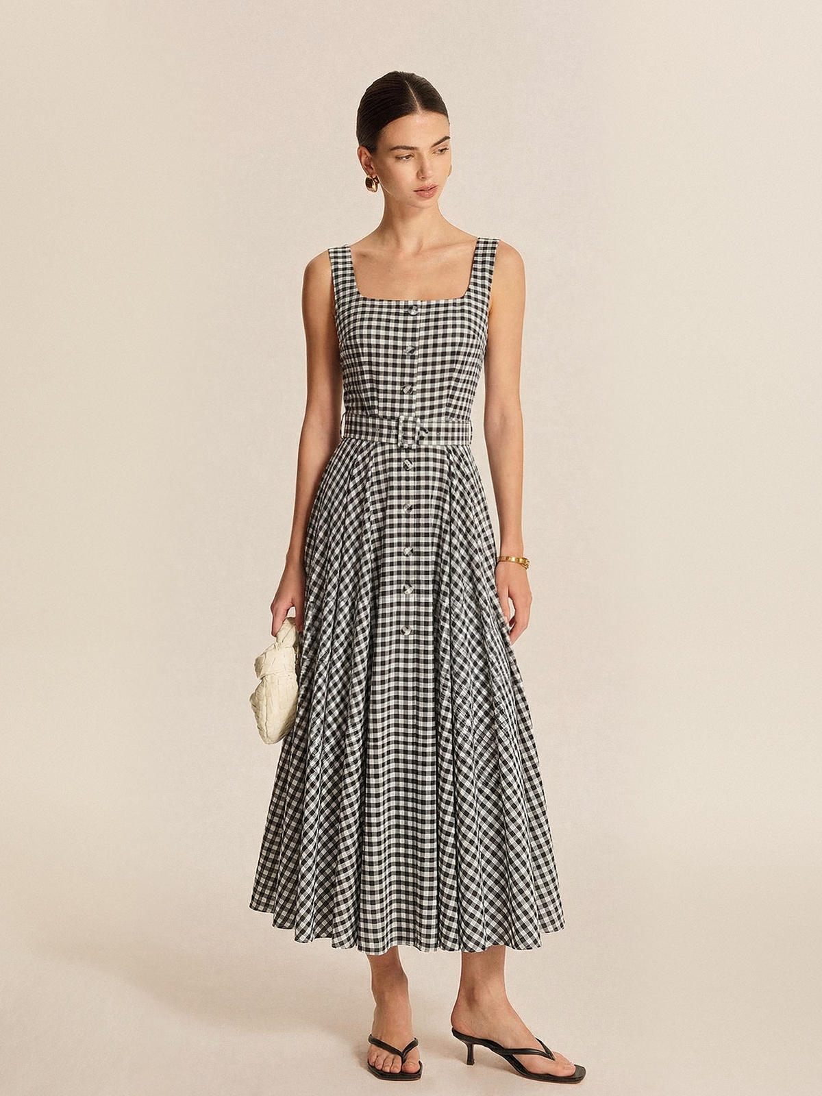 Ärmelloses Maxikleid aus Gingham-Baumwolle mit Gürtel