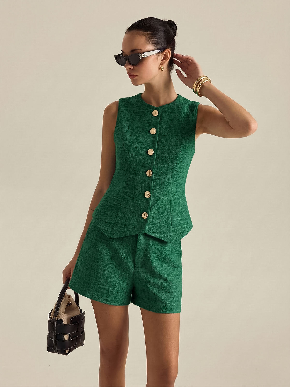 Tweed-Weste mit Knöpfen und Mini-Shorts-Set