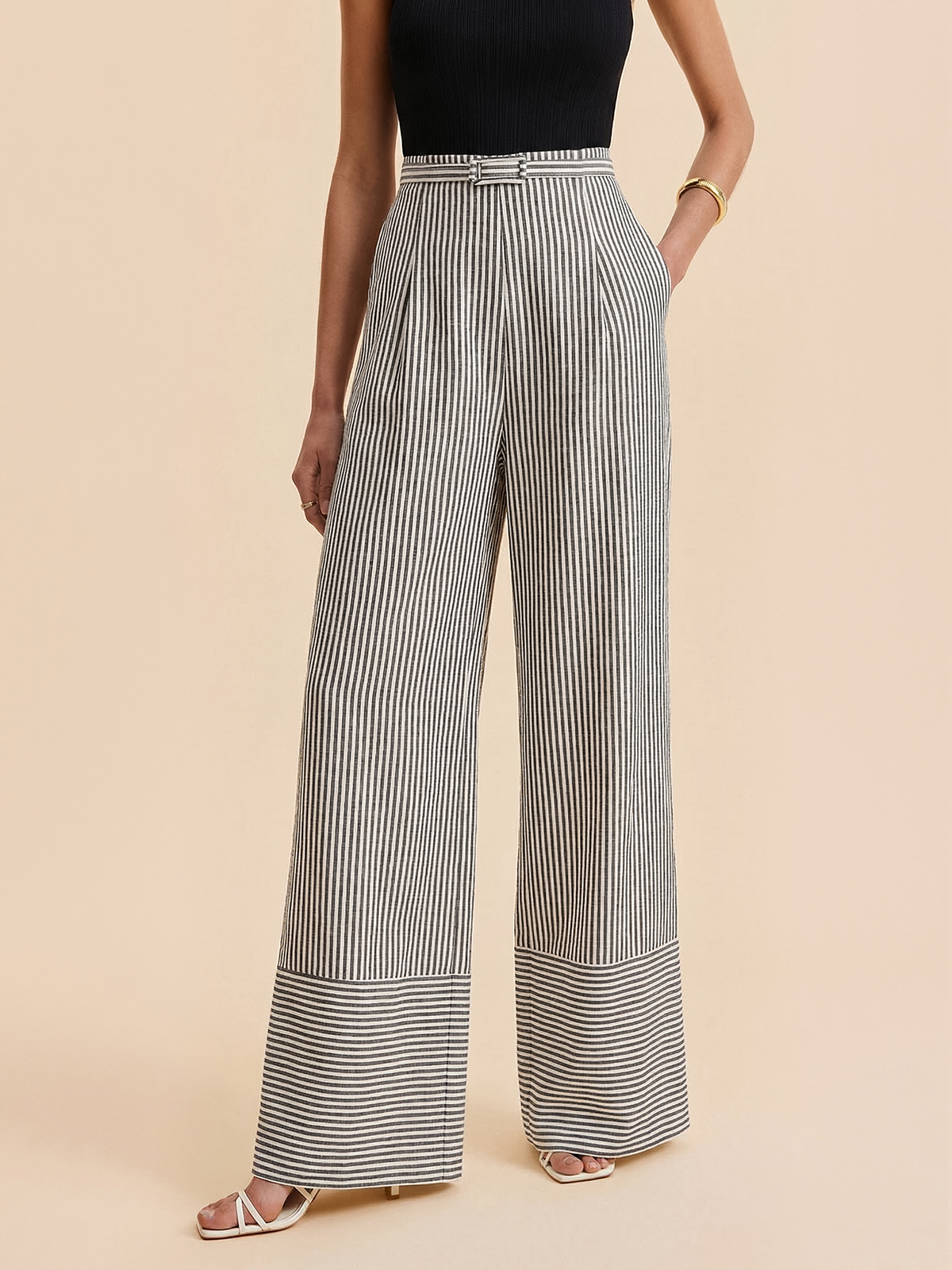 Pantalon ample rayé ceinturé
