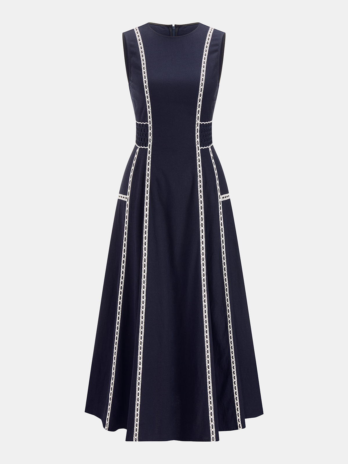 Ärmelloses Midi-Kleid mit Spitzenbesatz in Kontrastfarbe
