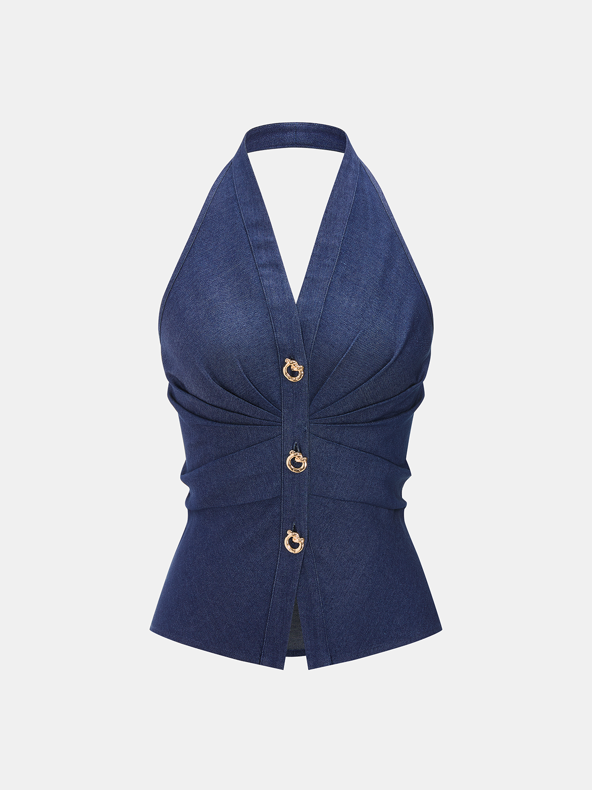 Haut ruché dos nu en jean à boutons métalliques