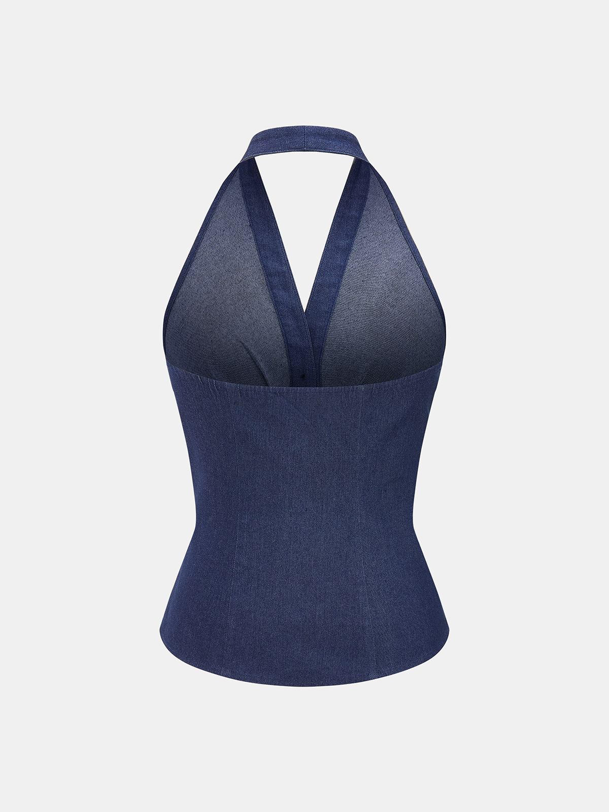Haut ruché dos nu en jean à boutons métalliques