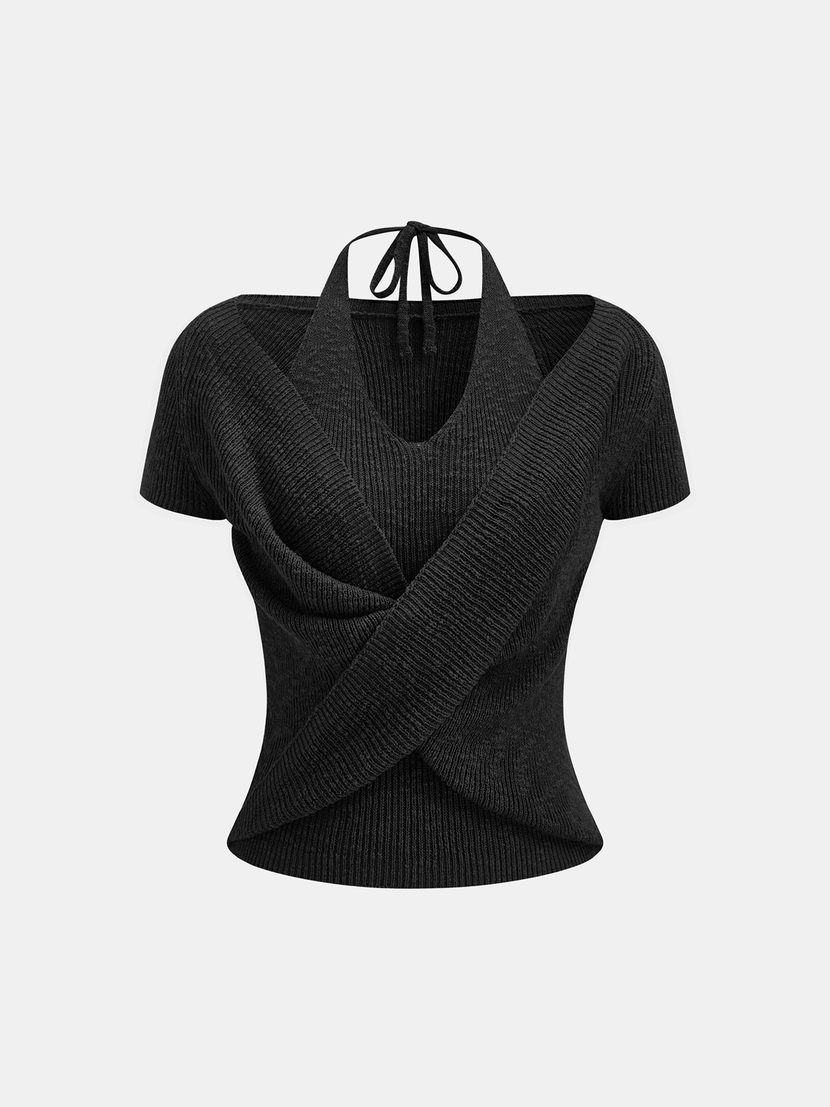 Neckholder-Wickel-Strick-Top mit kurzen Ärmeln
