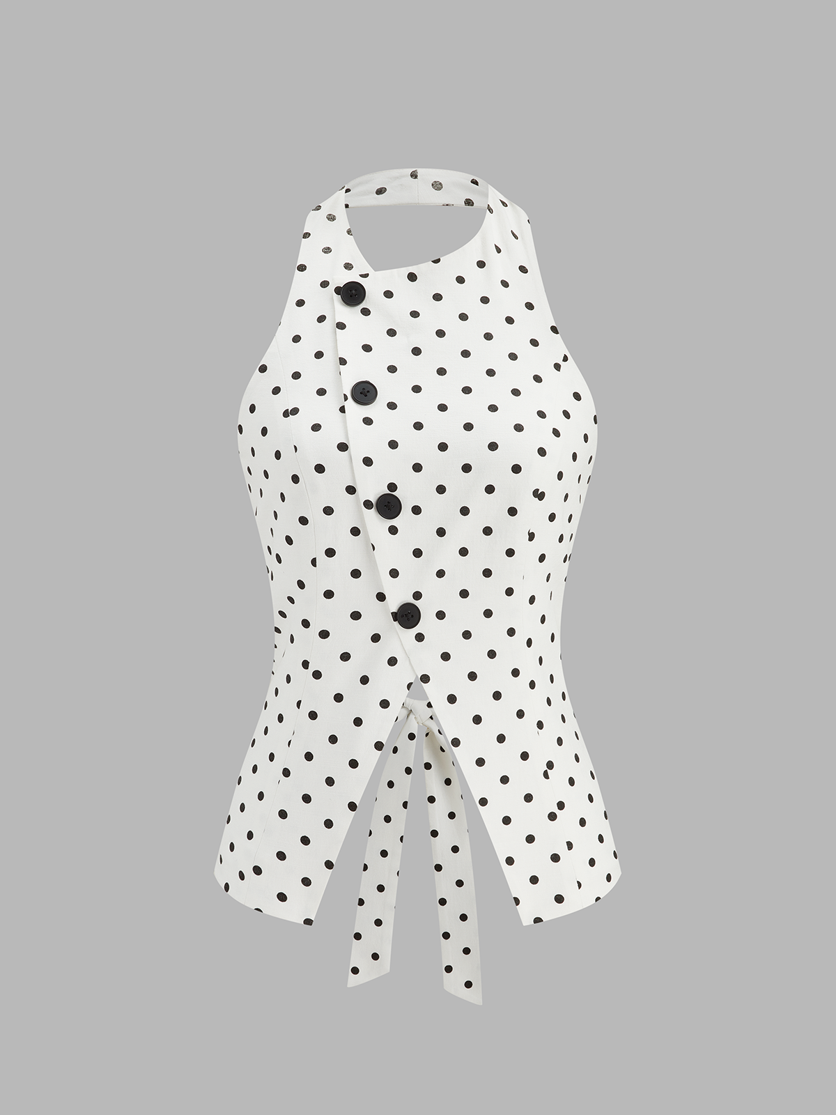 Gepunktetes Neckholder-Oberteil mit Zierknöpfen und Bindebändern