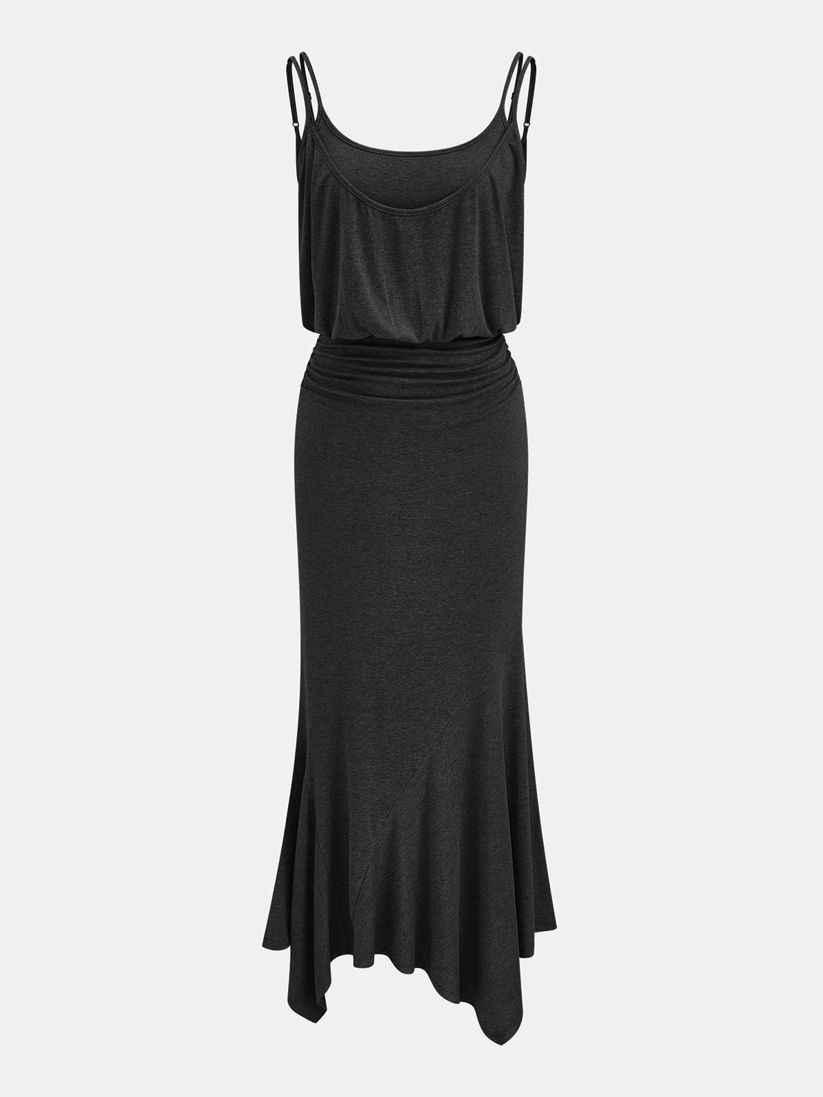 Robe longue asymétrique à fines bretelles froncée