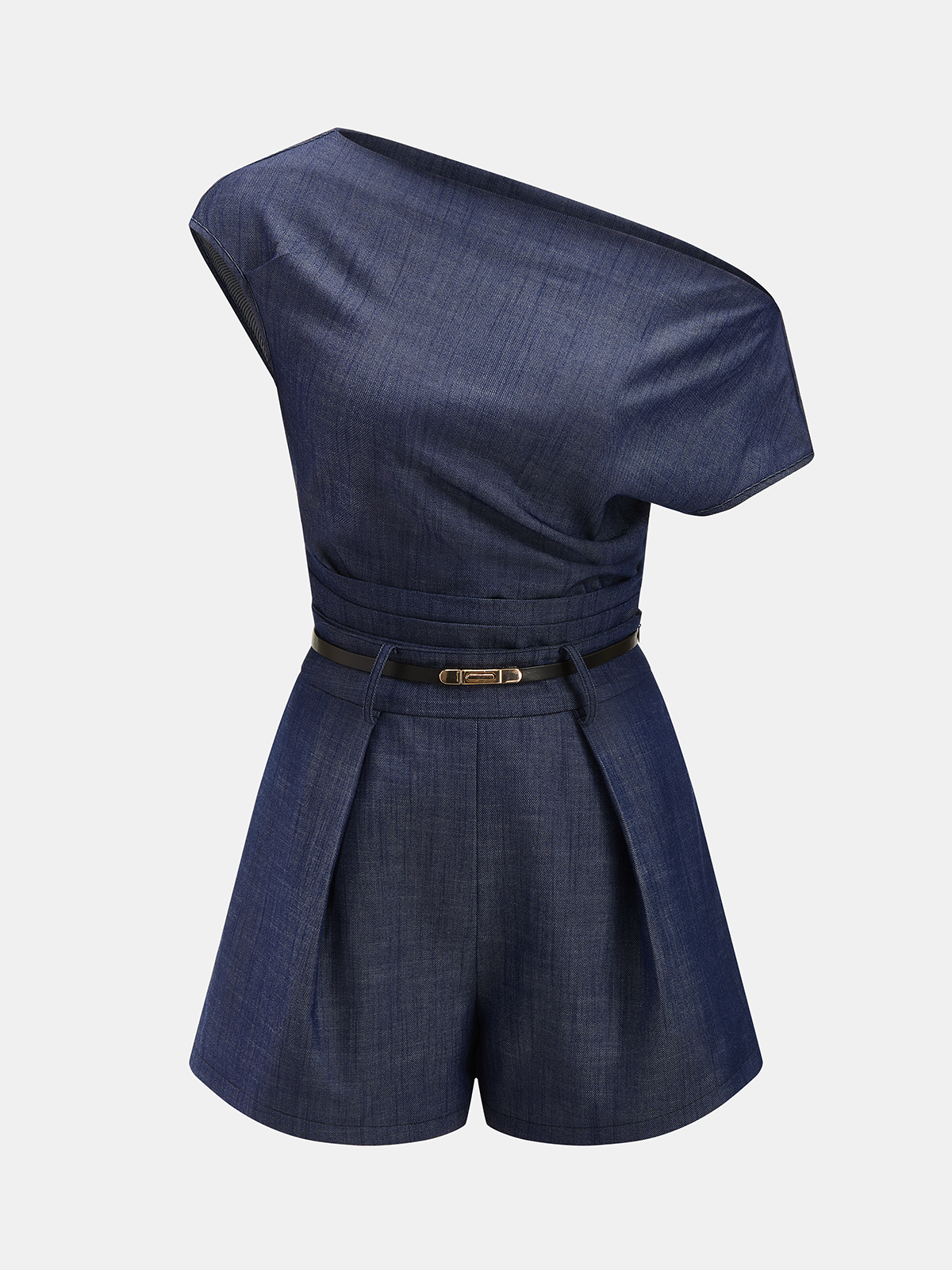 Asymmetrischer Off-Shoulder Jeans-Overall mit Gürtel