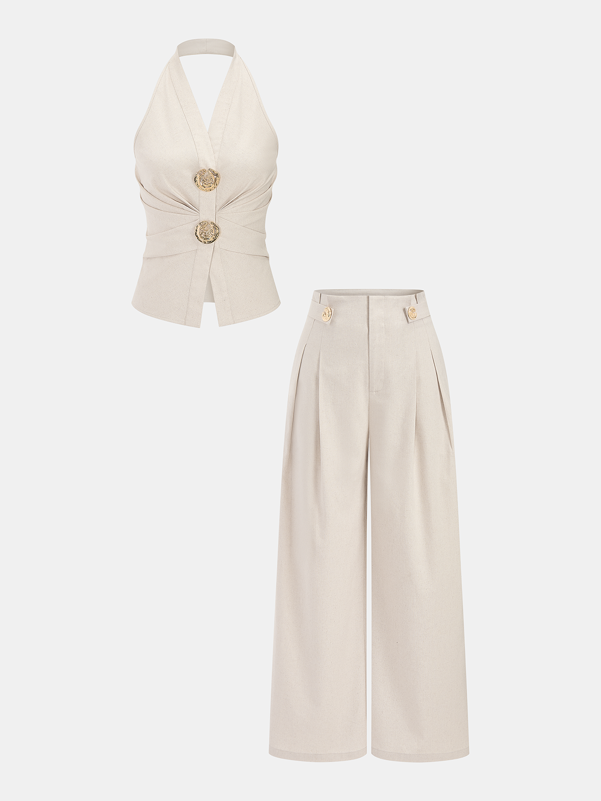 Set aus Leinenmix Neckholder-Oberteil und Hose mit Raffung