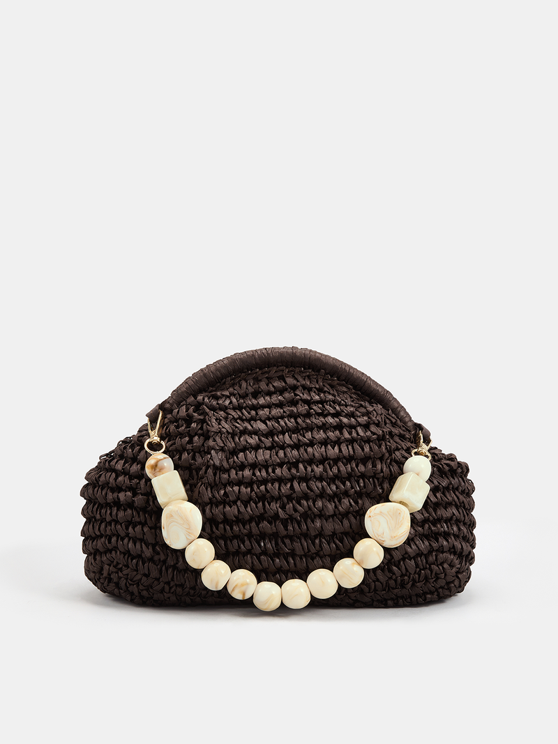 Marble Bead Chain Straw Woven Handbag