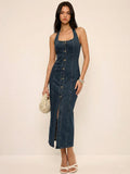 Denim Halter Button Front Maxi Dress