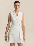 Belted Pleated Sleeveless Blazer Mini Dress
