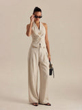 Set aus Leinenmix Neckholder-Oberteil und Hose mit Raffung