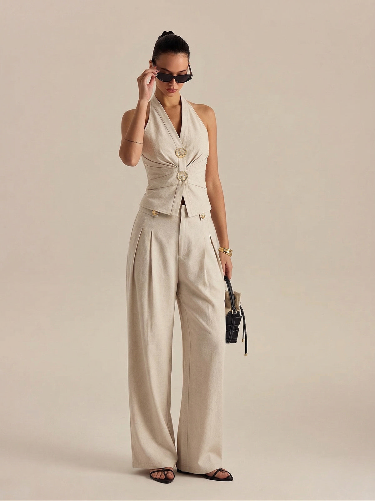 Set aus Leinenmix Neckholder-Oberteil und Hose mit Raffung