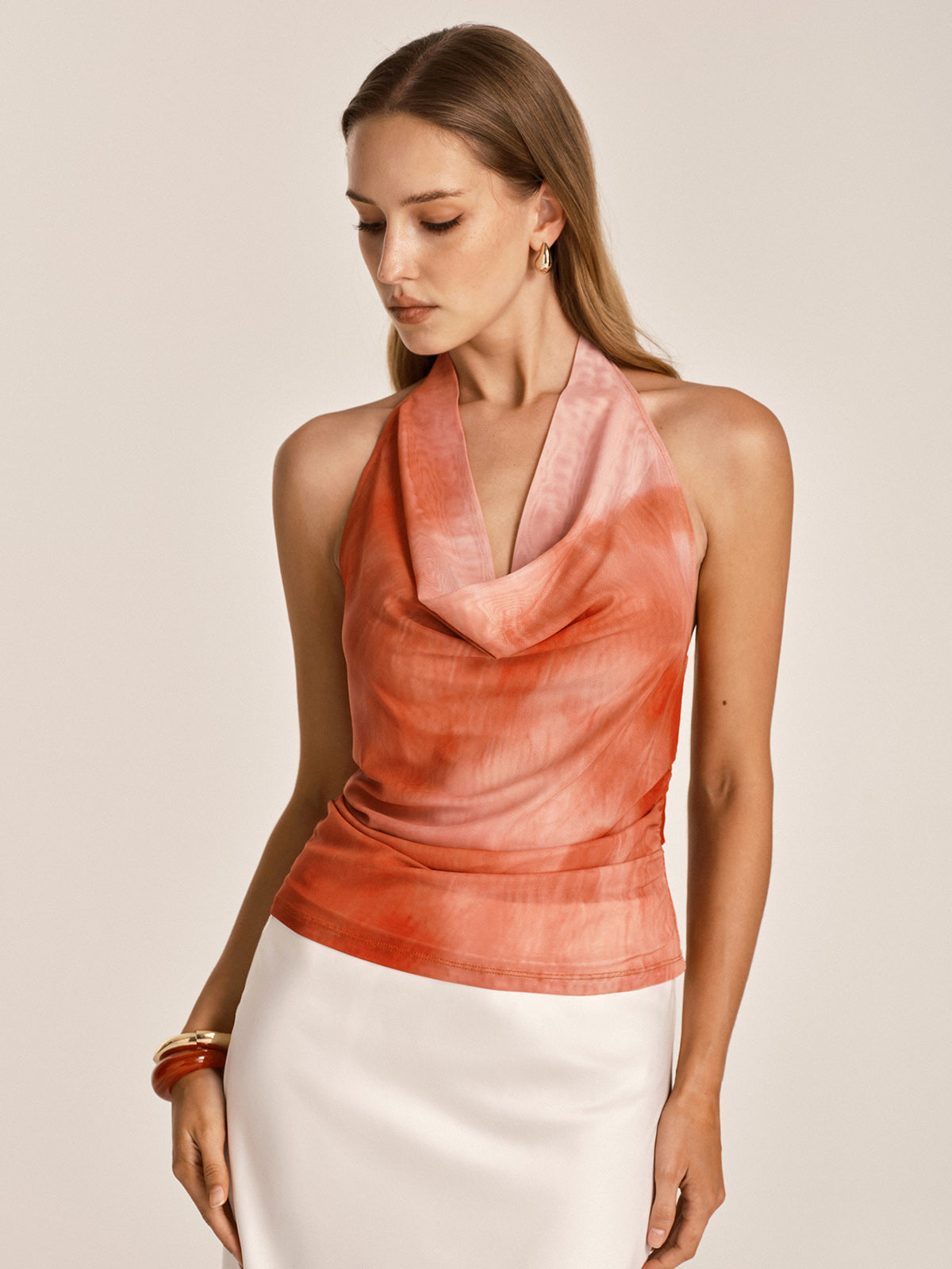 Batik-Neckholder-Mesh-Top mit Wasserfallausschnitt
