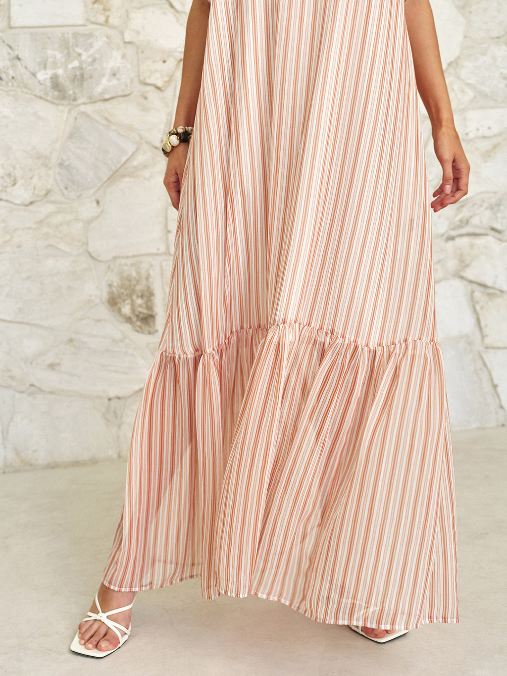 Robe longue caraco volantée à rayures