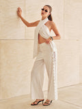 Ensemble top licou en coton et lin et pantalon bordé de dentelle