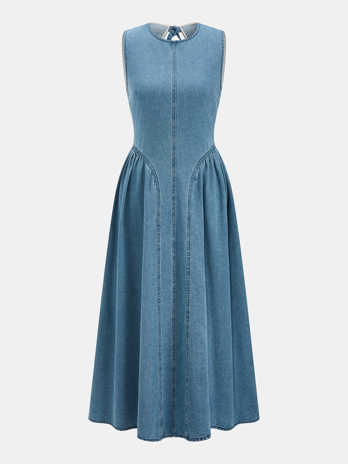 Ärmelloses rückenfreies Maxikleid aus Denim
