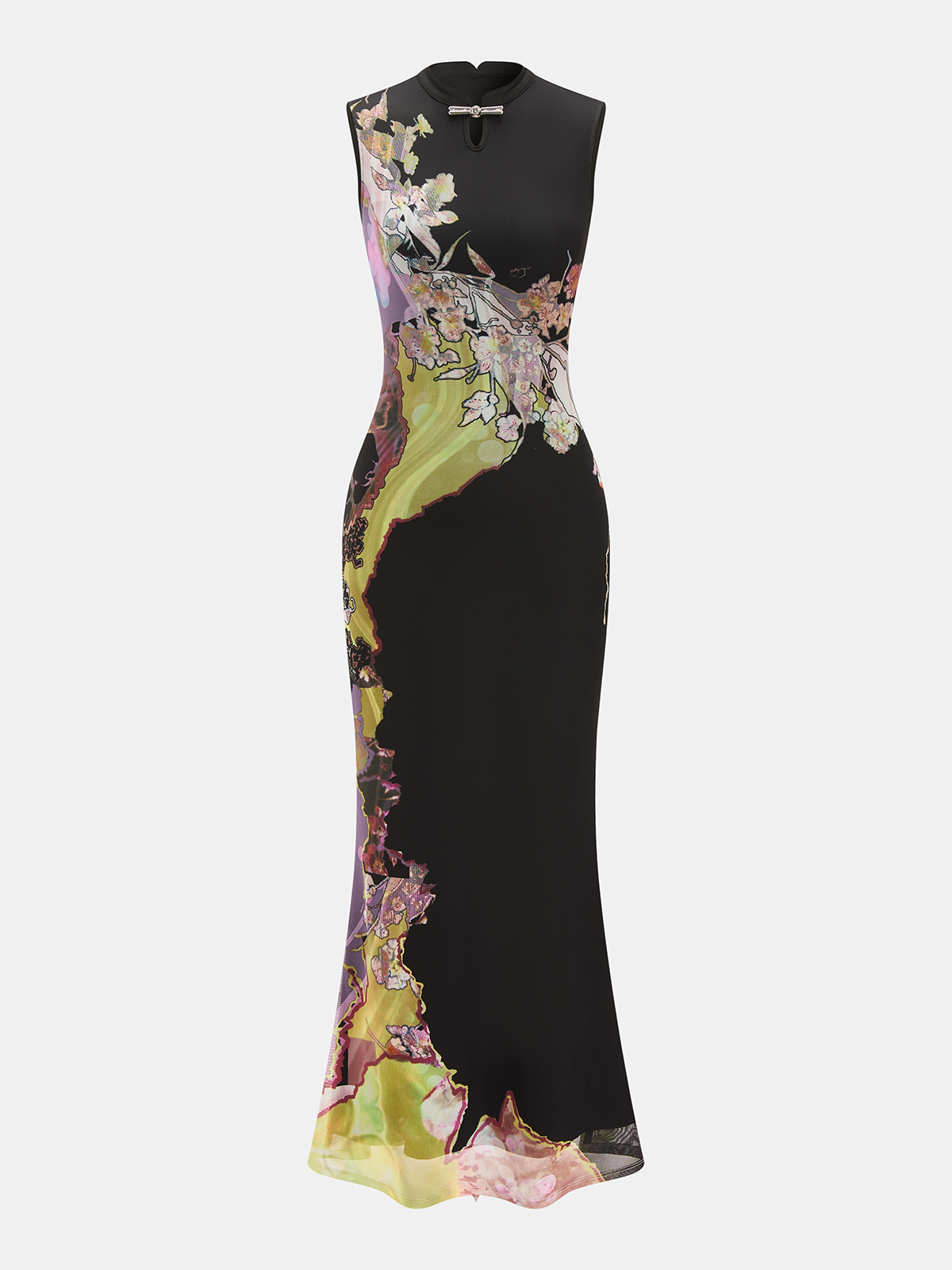 Robe longue Qipao fleurie sans manches