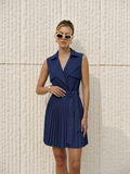 Sleeveless Lapel Belted Pleated Mini Dress