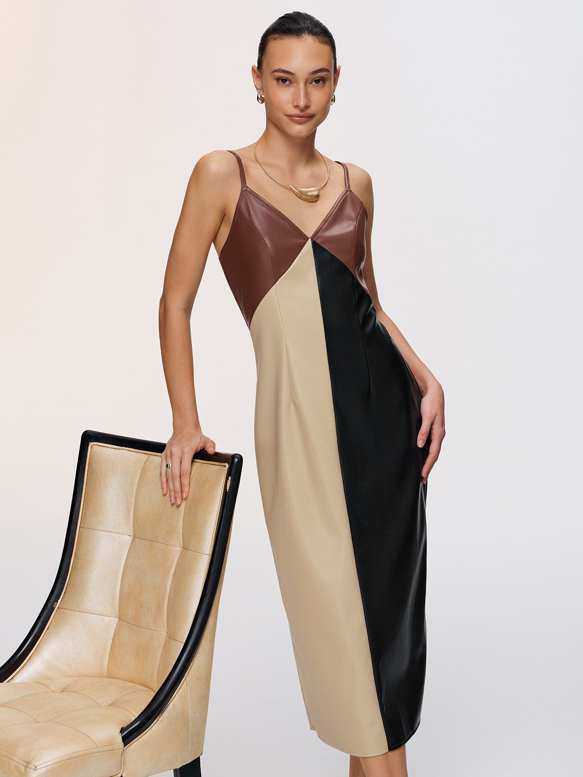 Color-Block Kunstleder-Cami-Kleid