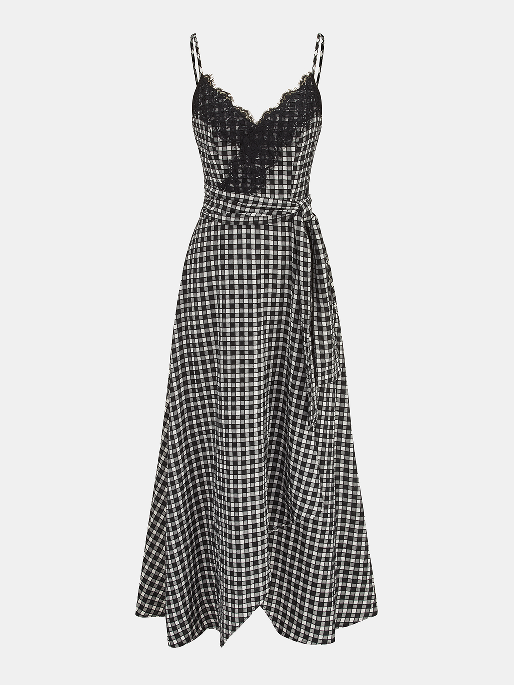 Robe midi caraco en vichy bordée de dentelle