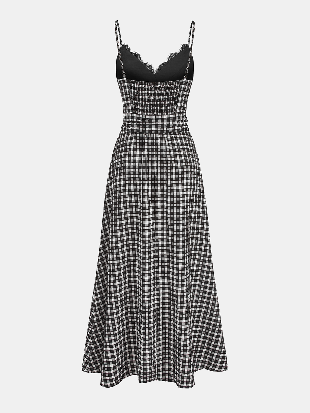Robe midi caraco en vichy bordée de dentelle