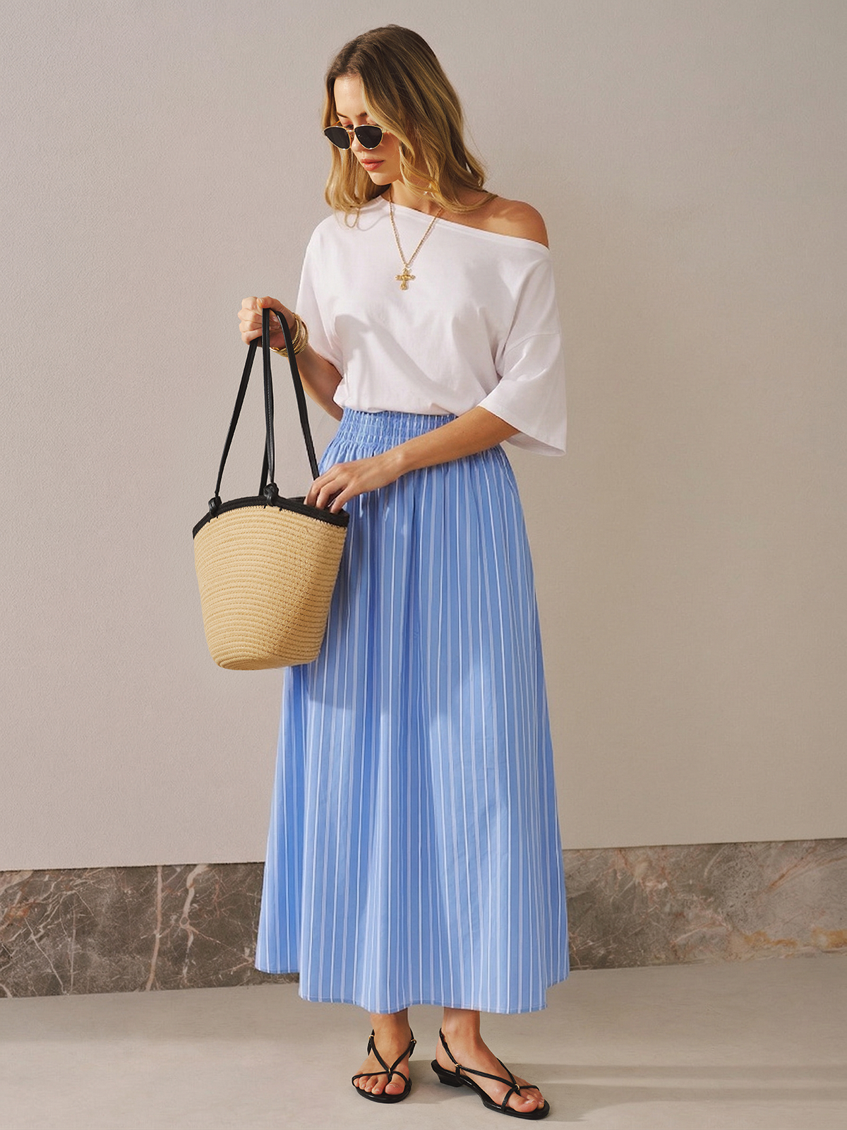 Color Block schulterfreies gestreiftes Midikleid