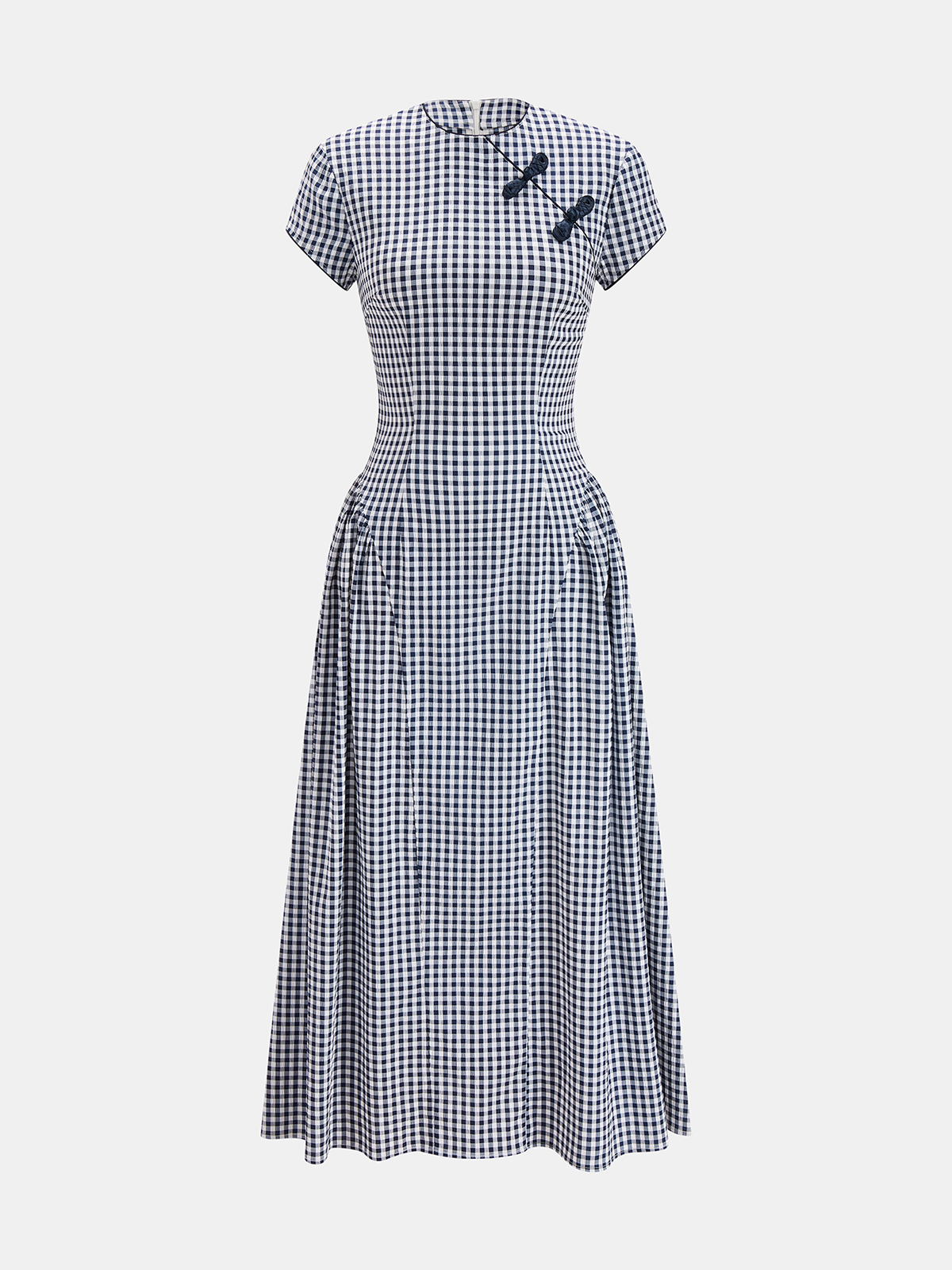 Gingham-Froschknopf-Kurzarm-Midikleid