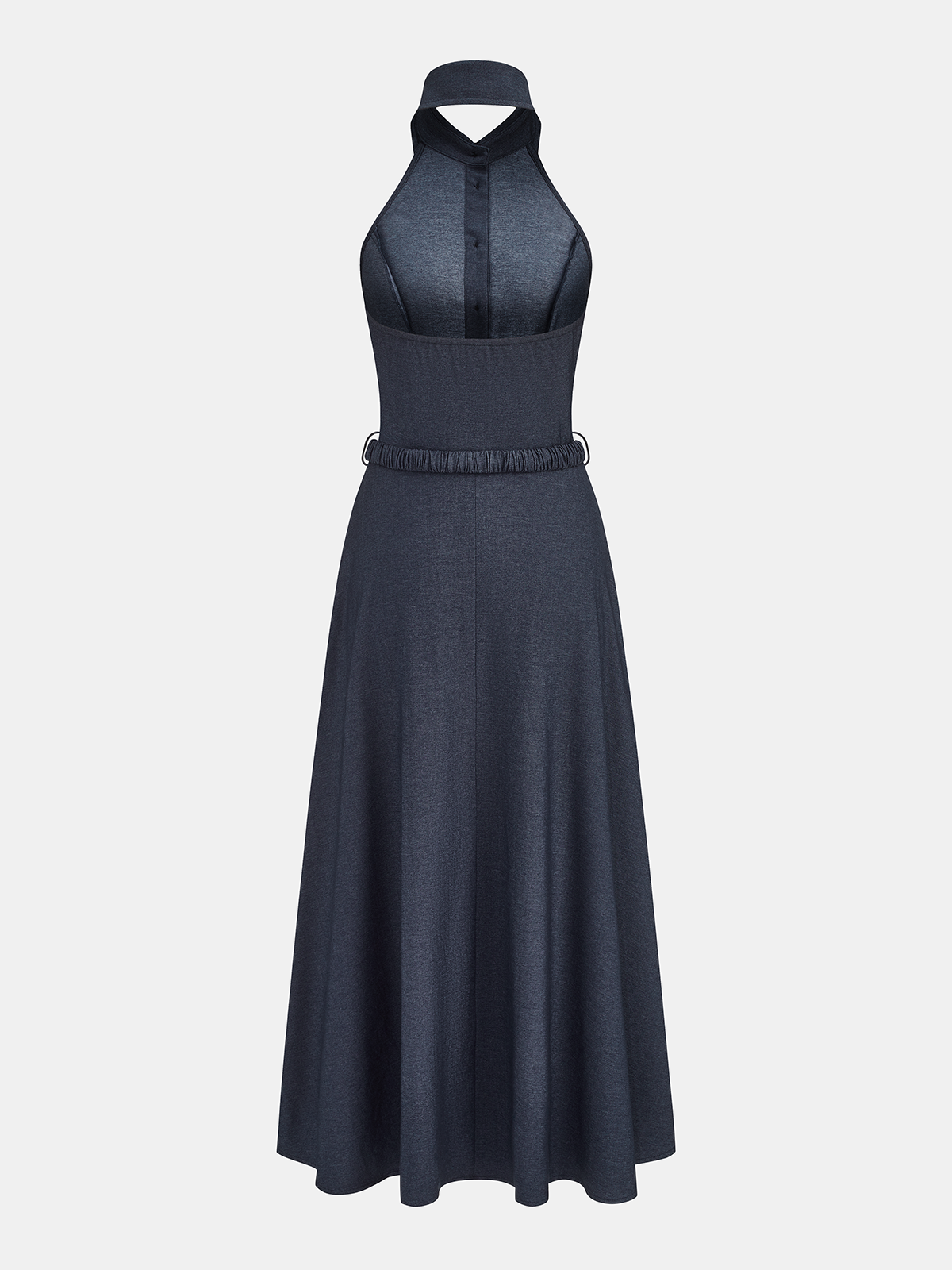 Neckholder-Maxikleid aus Denim mit Kragen und Gürtel
