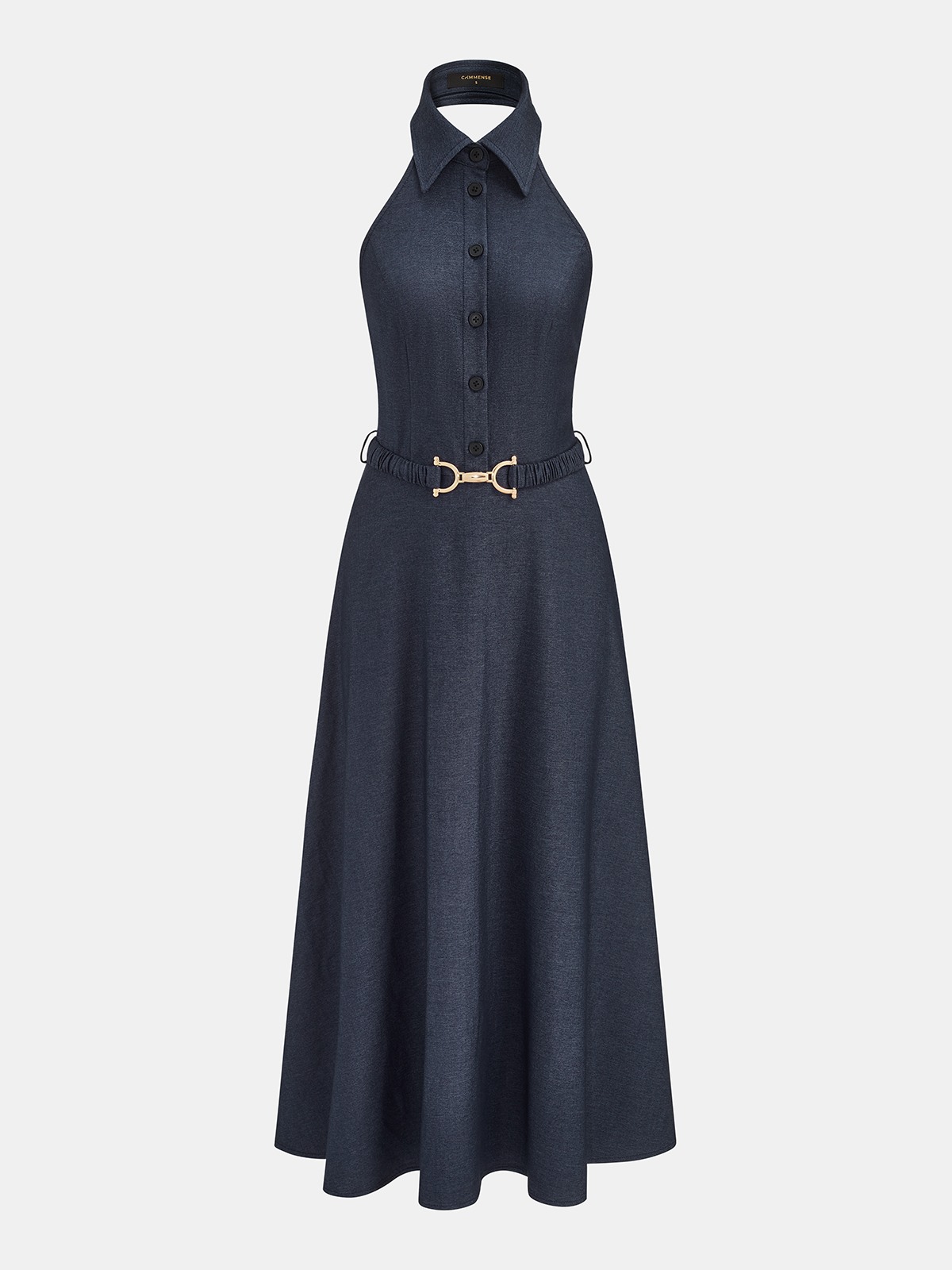 Neckholder-Maxikleid aus Denim mit Kragen und Gürtel