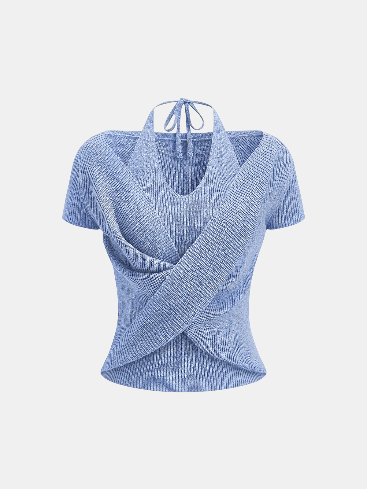 Neckholder-Wickel-Strick-Top mit kurzen Ärmeln