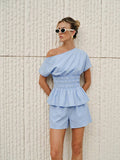 Ensemble Top Peplum Froncé Épaules Dénudées et Short