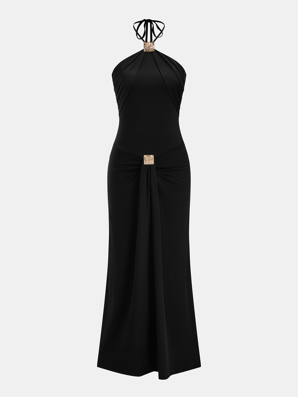 Neckholder-Maxikleid mit Raffungen und Verzierungen