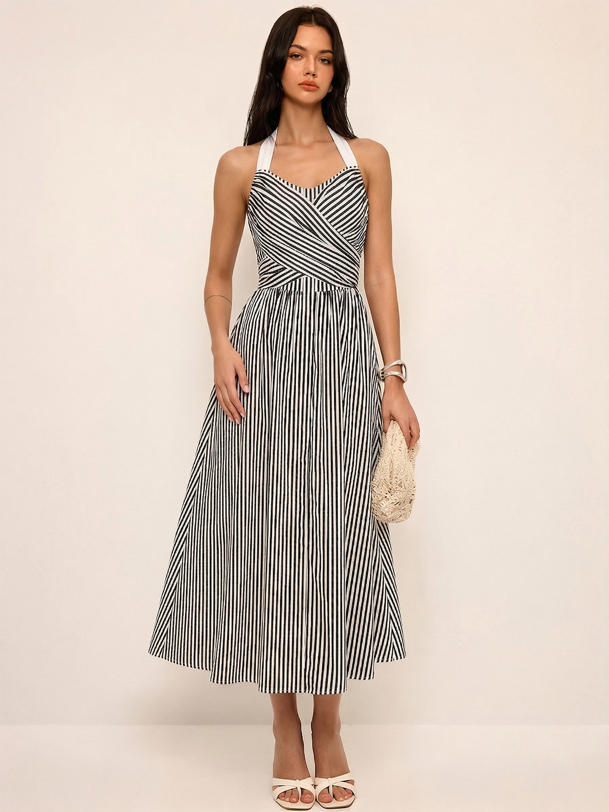Baumwolle gestreiftes Neckholder Maxikleid