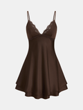 Lace Trim Satin V-Neck Cami Mini Dress