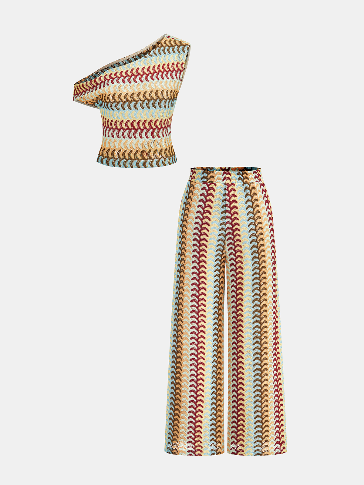 Mehrfarbiges One-Shoulder Strickoberteil und Hose Set