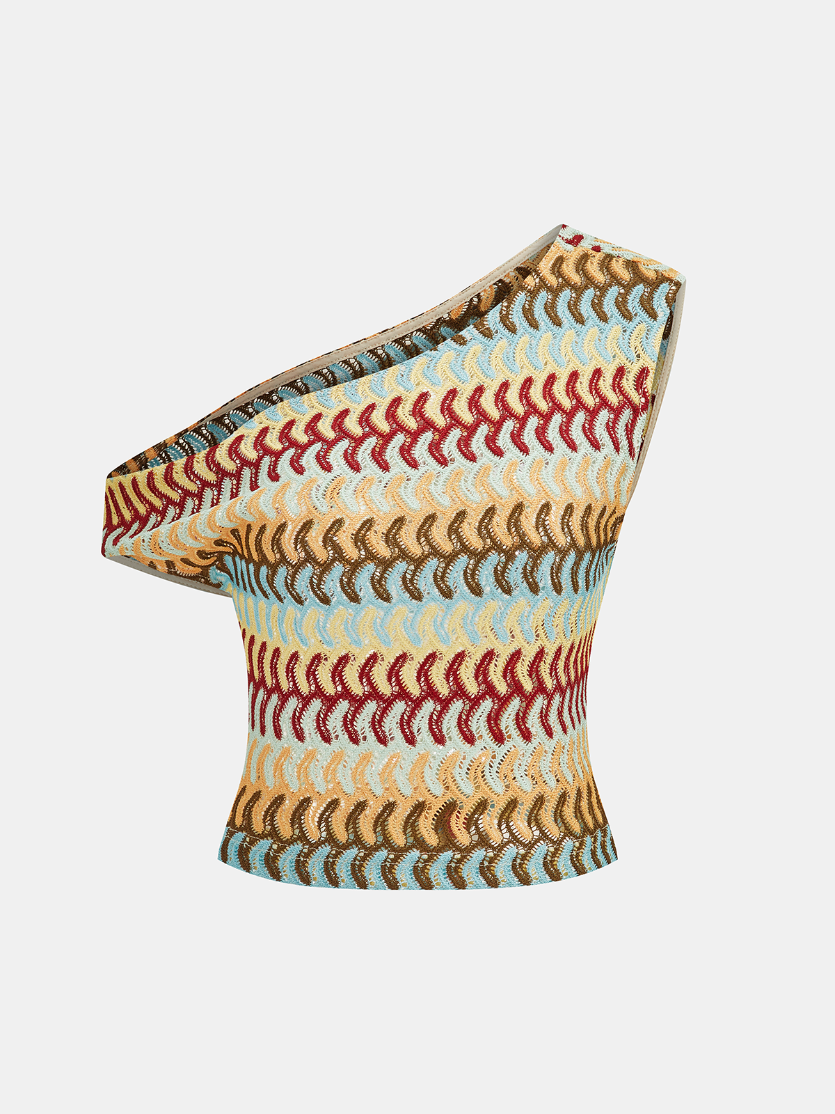 Mehrfarbiges One-Shoulder Strickoberteil und Hose Set