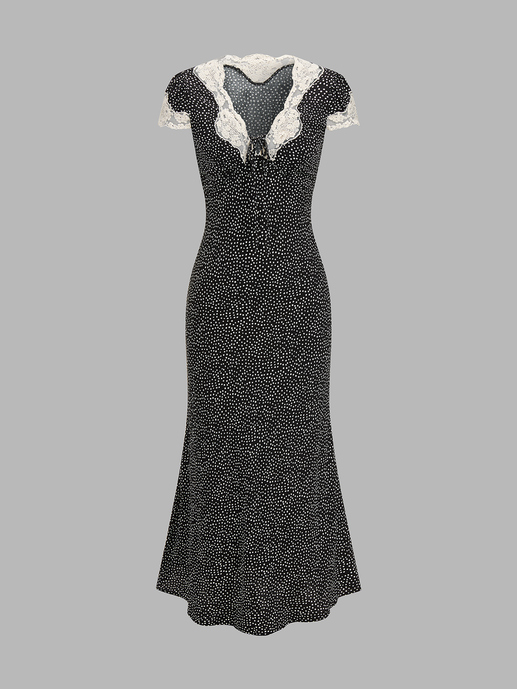 Gepunktetes Spitzen-Midi-Kleid mit V-Ausschnitt