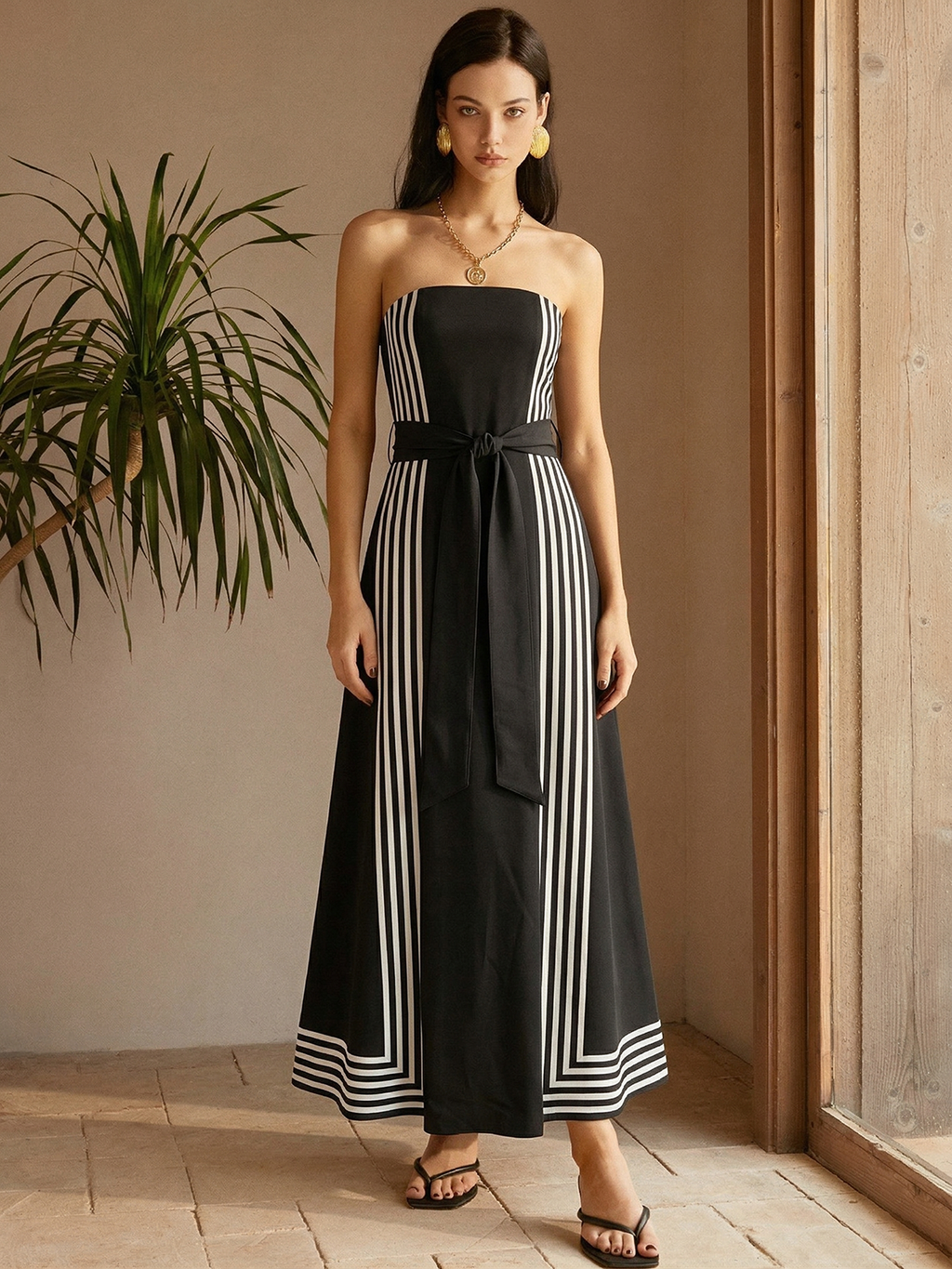 Robe midi bustier rayée ceinturée
